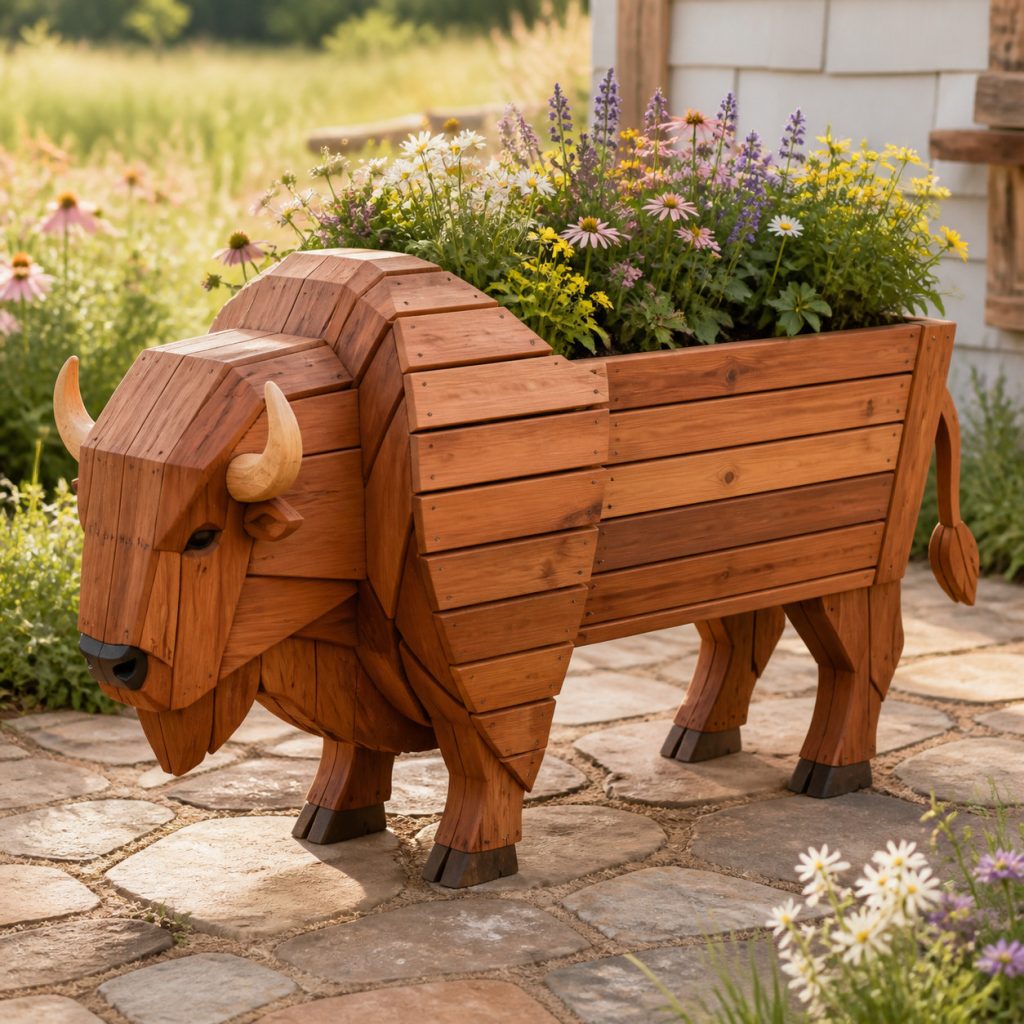 Long Slatted Bison Flower Box shown as a square photorealistic cedar garden planter filled with cottage flowers