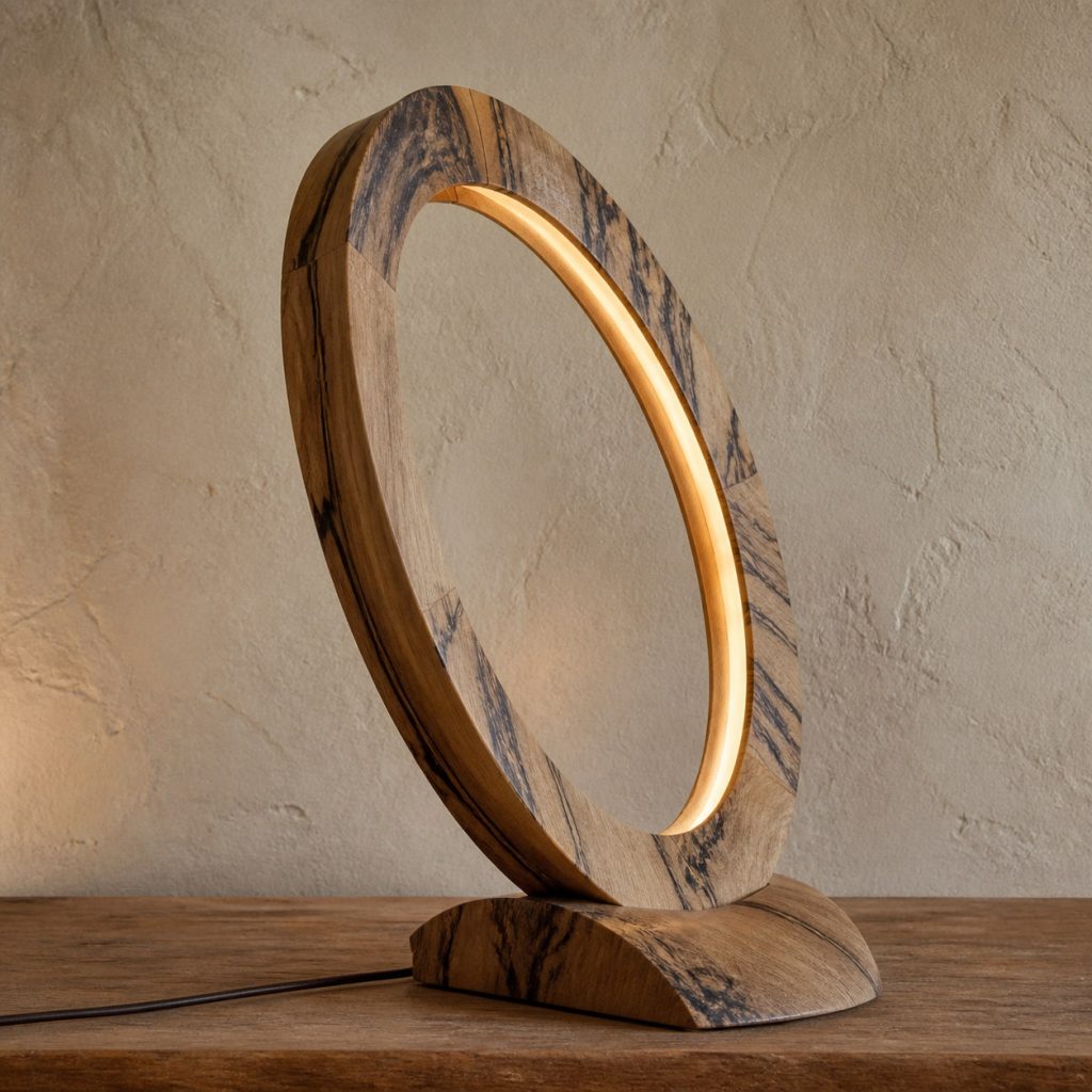 Black Limba Offset Oval-Ring Lamp shown as an original square photorealistic black limba lamp with natural golden tan with smoky gray and black streaks grain, distinctive construction, and warm diffused light