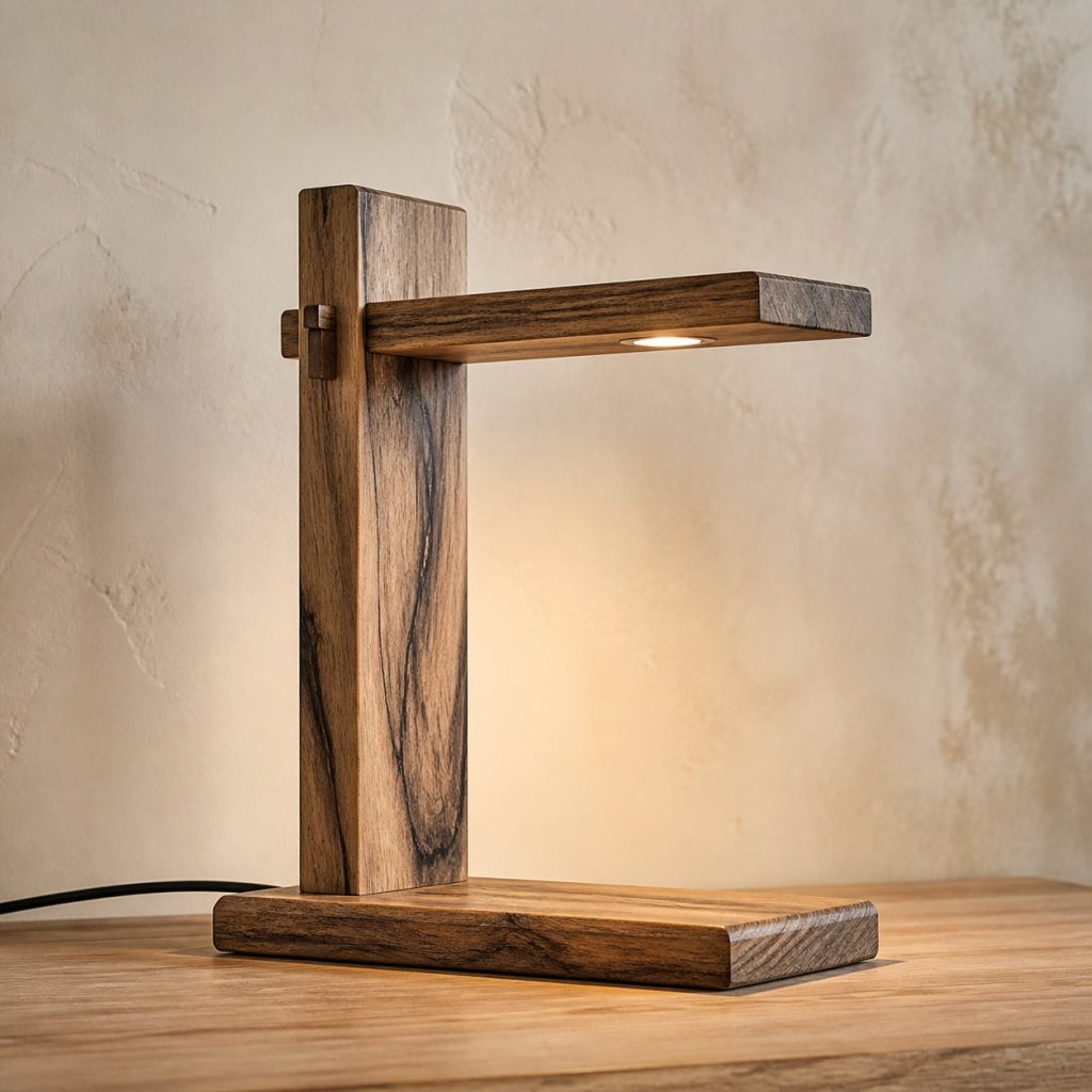 Black Limba Cantilever-Shelf Desk Lamp shown as an original square photorealistic black limba lamp with natural golden tan with smoky gray and black streaks grain, distinctive construction, and warm diffused light