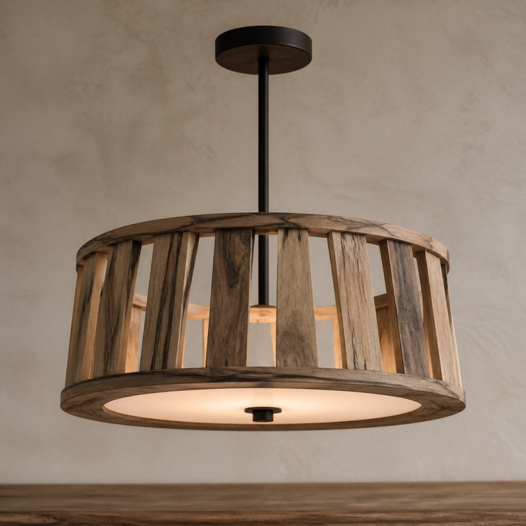 Black Limba Open Radial-Drum Pendant shown as an original square photorealistic black limba lamp with natural golden tan with smoky gray and black streaks grain, distinctive construction, and warm diffused light