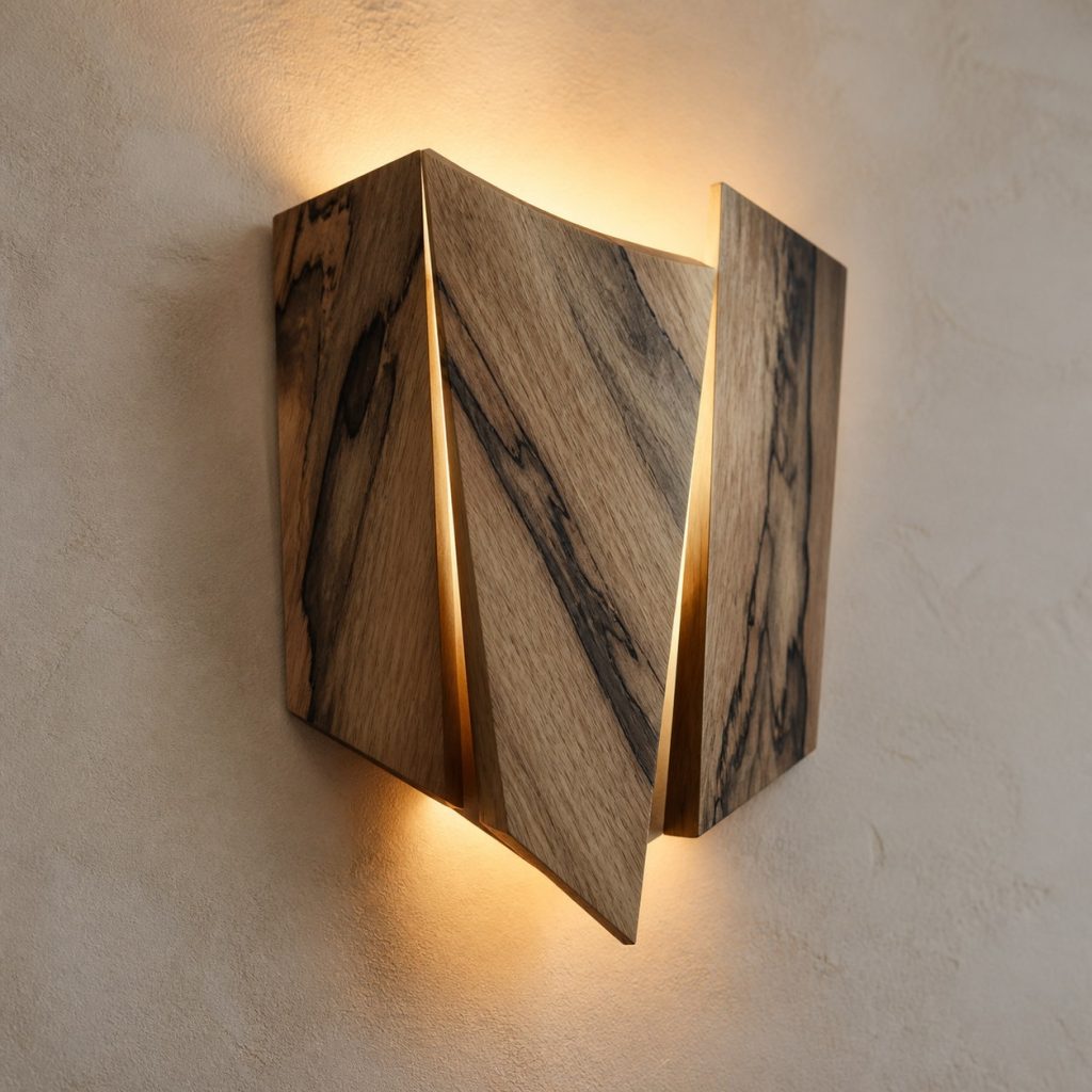 Black Limba Folded-Panel Sconce shown as an original square photorealistic black limba lamp with natural golden tan with smoky gray and black streaks grain, distinctive construction, and warm diffused light