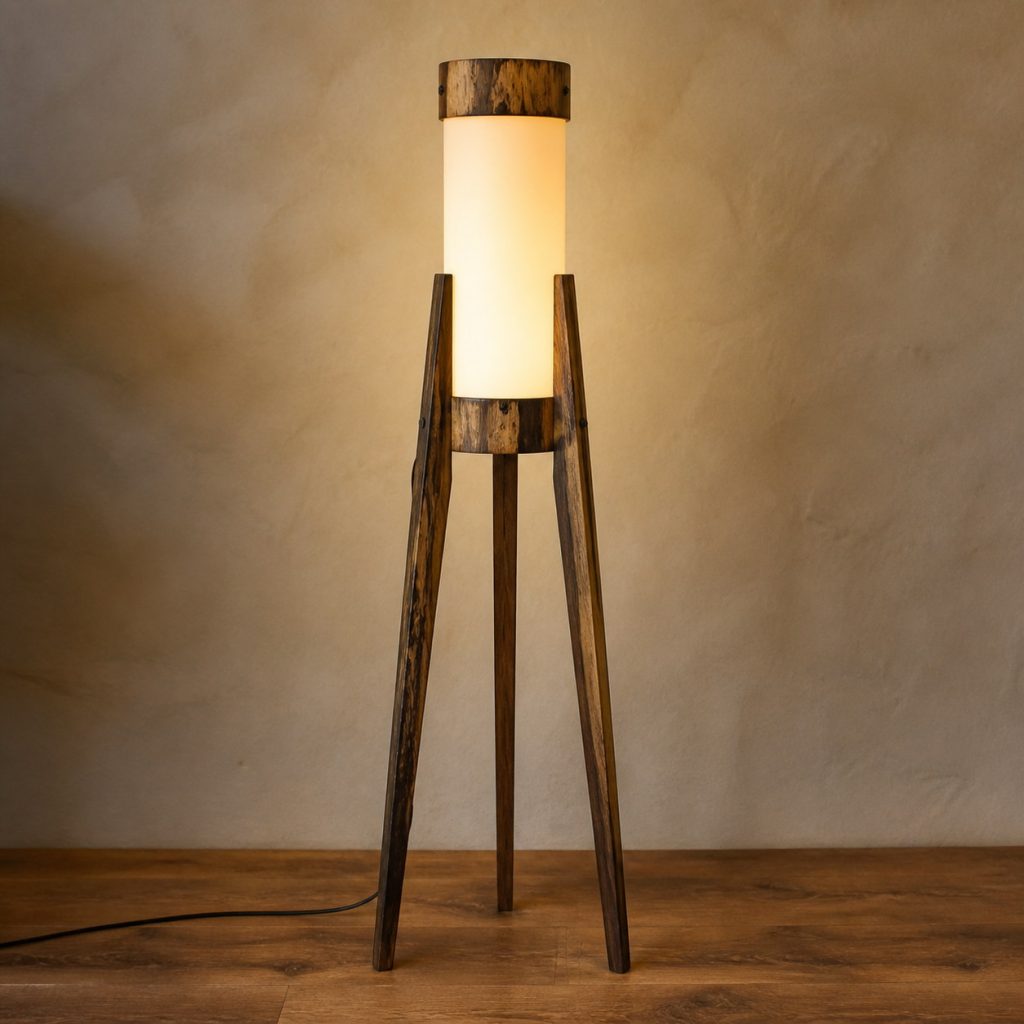 Black Limba Tripod-Cylinder Floor Lamp shown as an original square photorealistic black limba lamp with natural golden tan with smoky gray and black streaks grain, distinctive construction, and warm diffused light