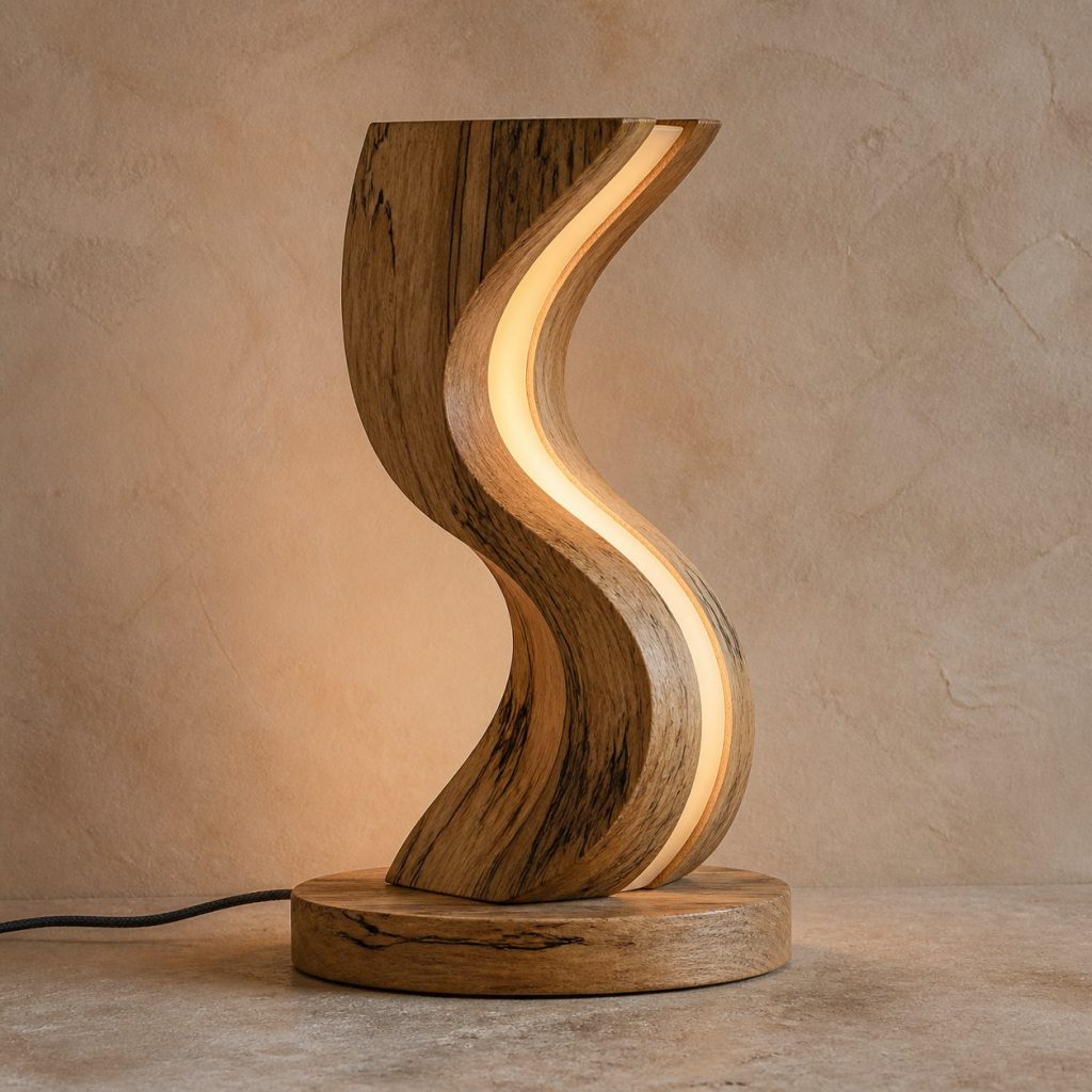 Black Limba Sculptural-Wave Lamp shown as an original square photorealistic black limba lamp with natural golden tan with smoky gray and black streaks grain, distinctive construction, and warm diffused light
