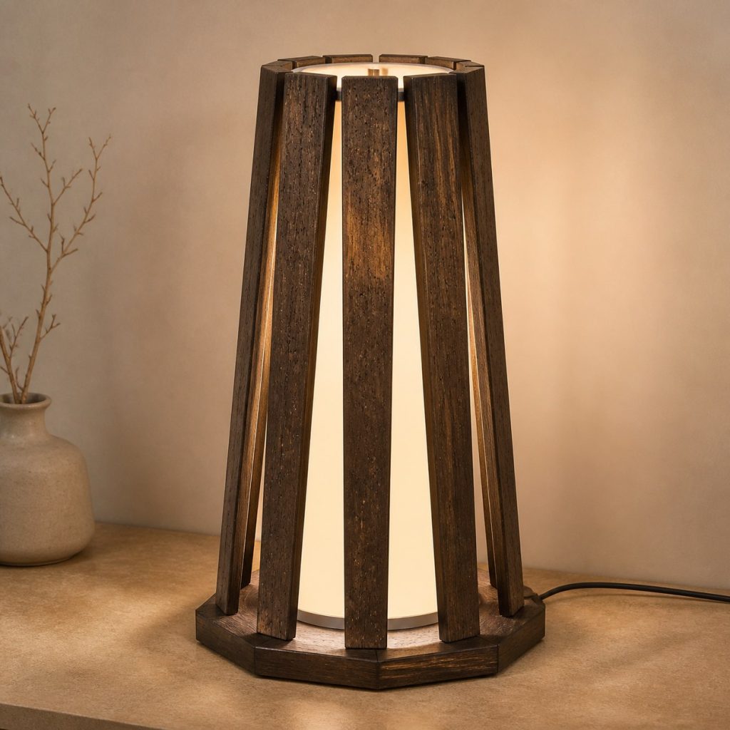 Black Palm Tapered-Fin Lamp shown as an original square photorealistic black palm wood lamp with natural black-speckled grain, distinctive construction, and warm diffused light