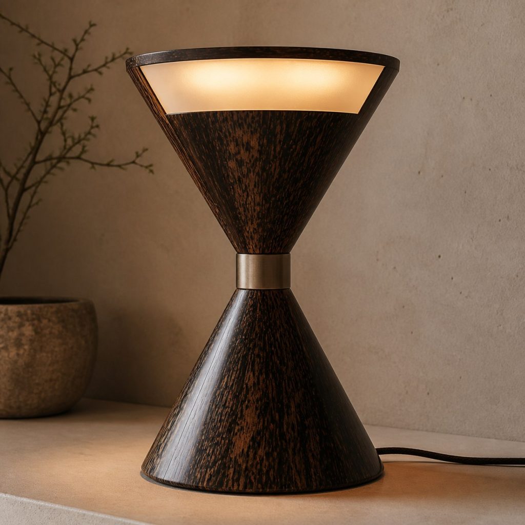 Black Palm Hourglass Lamp shown as an original square photorealistic black palm wood lamp with natural black-speckled grain, distinctive construction, and warm diffused light