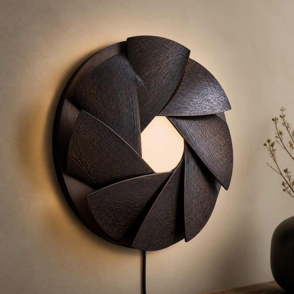 Black Palm Pinwheel Sconce shown as an original square photorealistic black palm wood lamp with natural black-speckled grain, distinctive construction, and warm diffused light