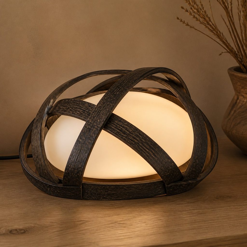 Black Palm Oval-Cage Lamp shown as an original square photorealistic black palm wood lamp with natural black-speckled grain, distinctive construction, and warm diffused light