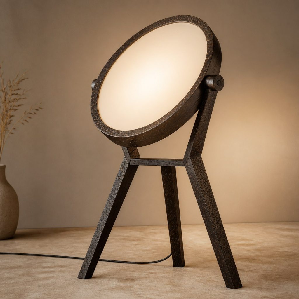 Black Palm Tripod Lens Lamp shown as an original square photorealistic black palm wood lamp with natural black-speckled grain, distinctive construction, and warm diffused light