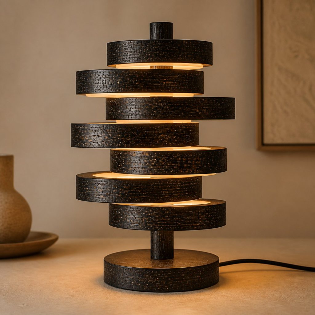 Black Palm Offset Ring Lamp shown as an original square photorealistic black palm wood lamp with natural black-speckled grain, distinctive construction, and warm diffused light