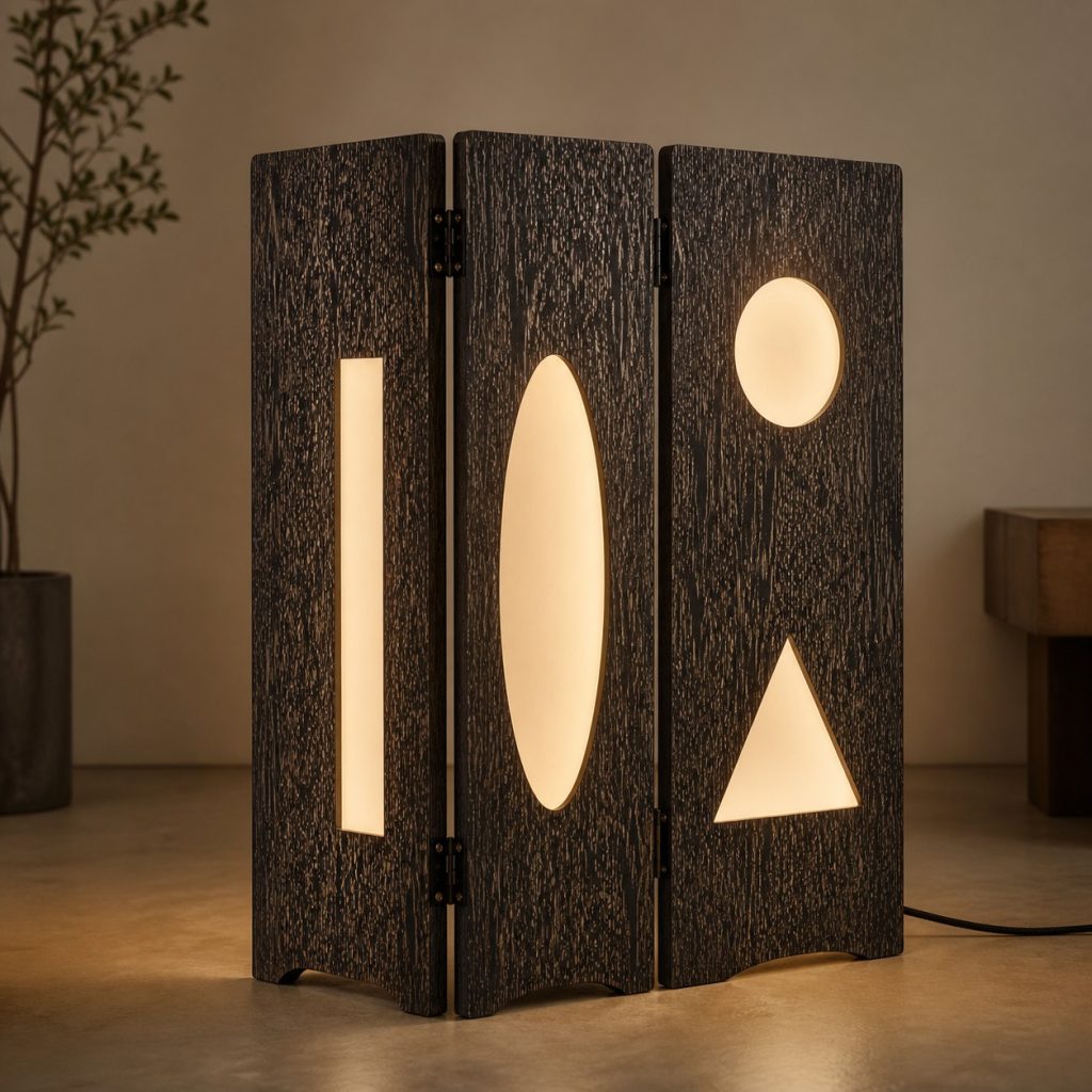 Black Palm Folding-Screen Lamp shown as an original square photorealistic black palm wood lamp with natural black-speckled grain, distinctive construction, and warm diffused light