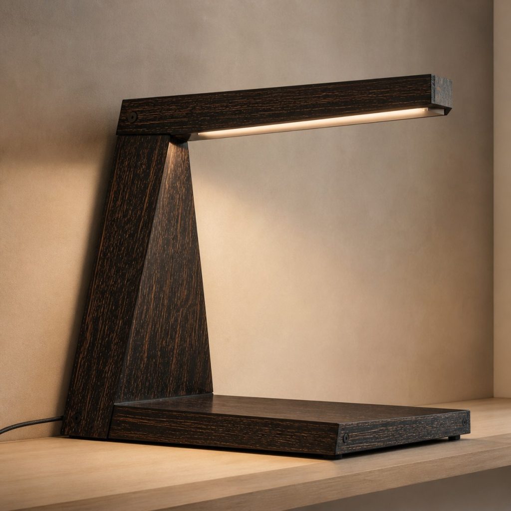 Black Palm Cantilever Shelf Lamp shown as an original square photorealistic black palm wood lamp with natural black-speckled grain, distinctive construction, and warm diffused light