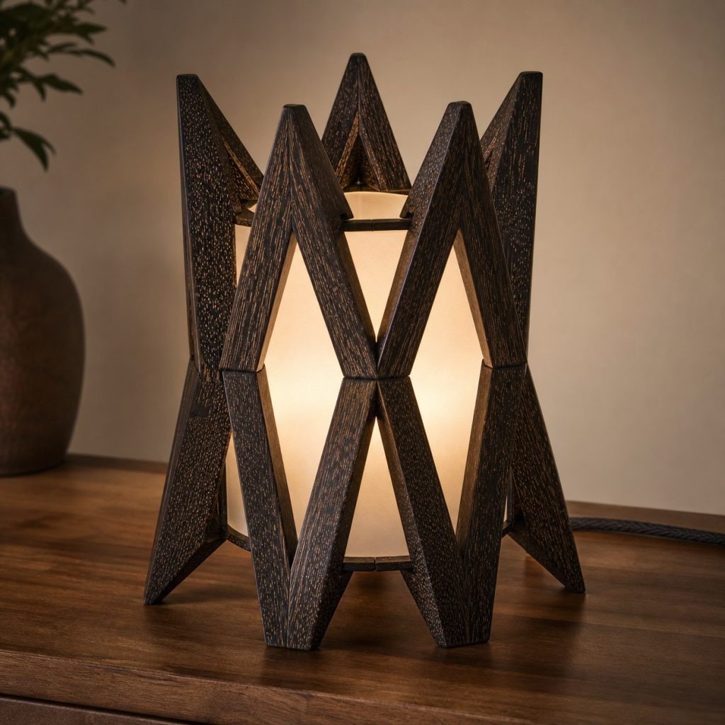 Black Palm Star-Prism Lamp shown as an original square photorealistic black palm wood lamp with natural black-speckled grain, distinctive construction, and warm diffused light