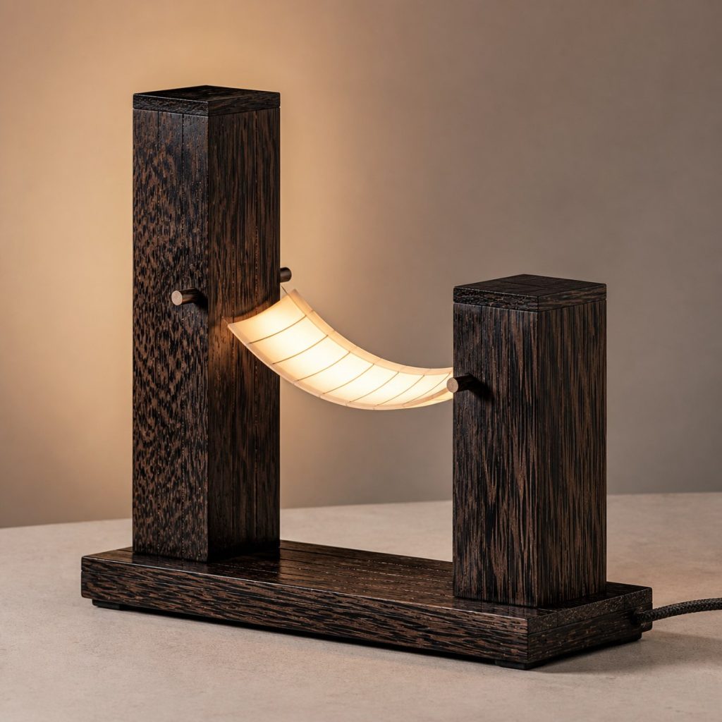 Black Palm Twin-Column Lamp shown as an original square photorealistic black palm wood lamp with natural black-speckled grain, distinctive construction, and warm diffused light
