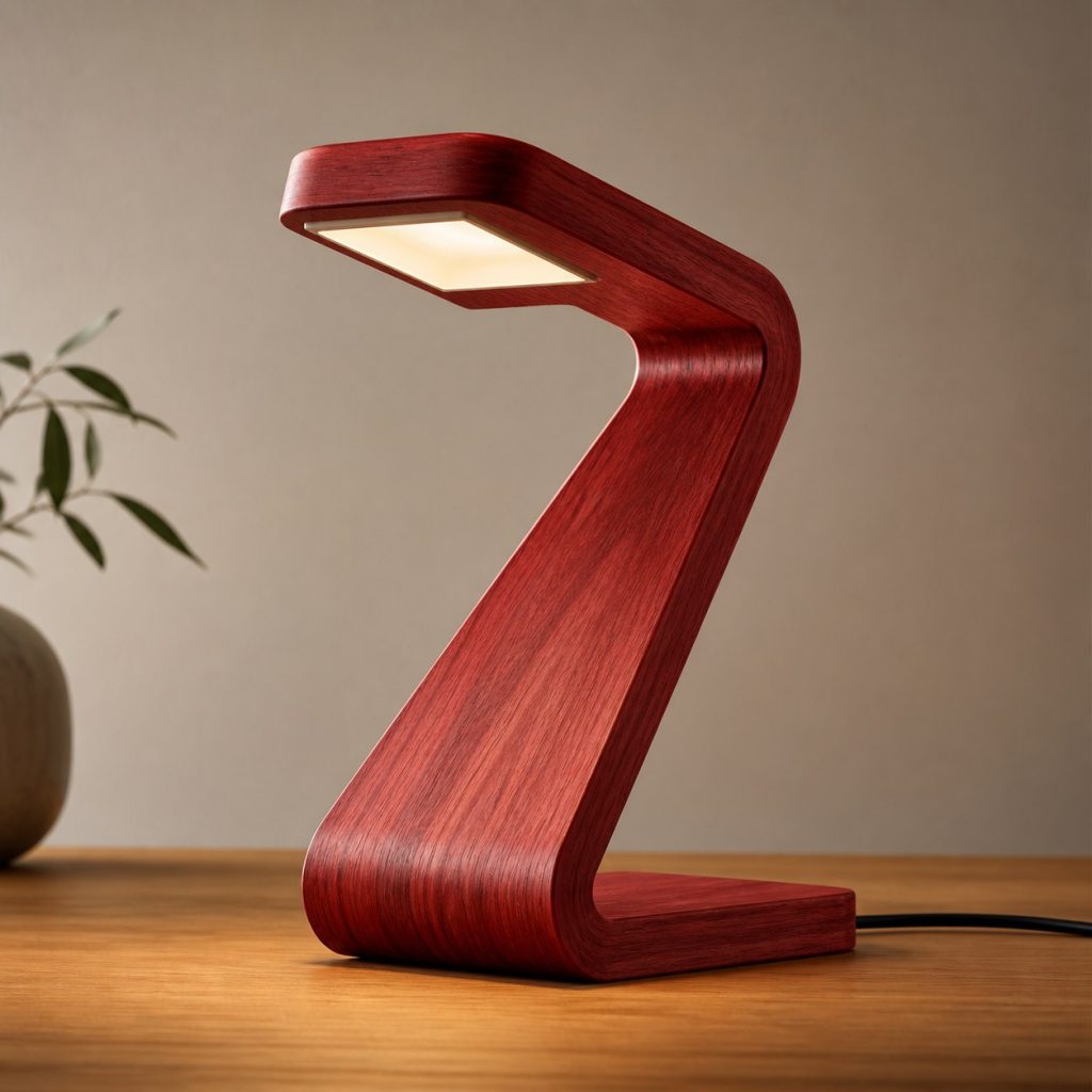 Bloodwood Folded-Ribbon Lamp shown as an original square photorealistic bloodwood lamp with natural crimson-red grain, distinctive construction, and warm diffused light