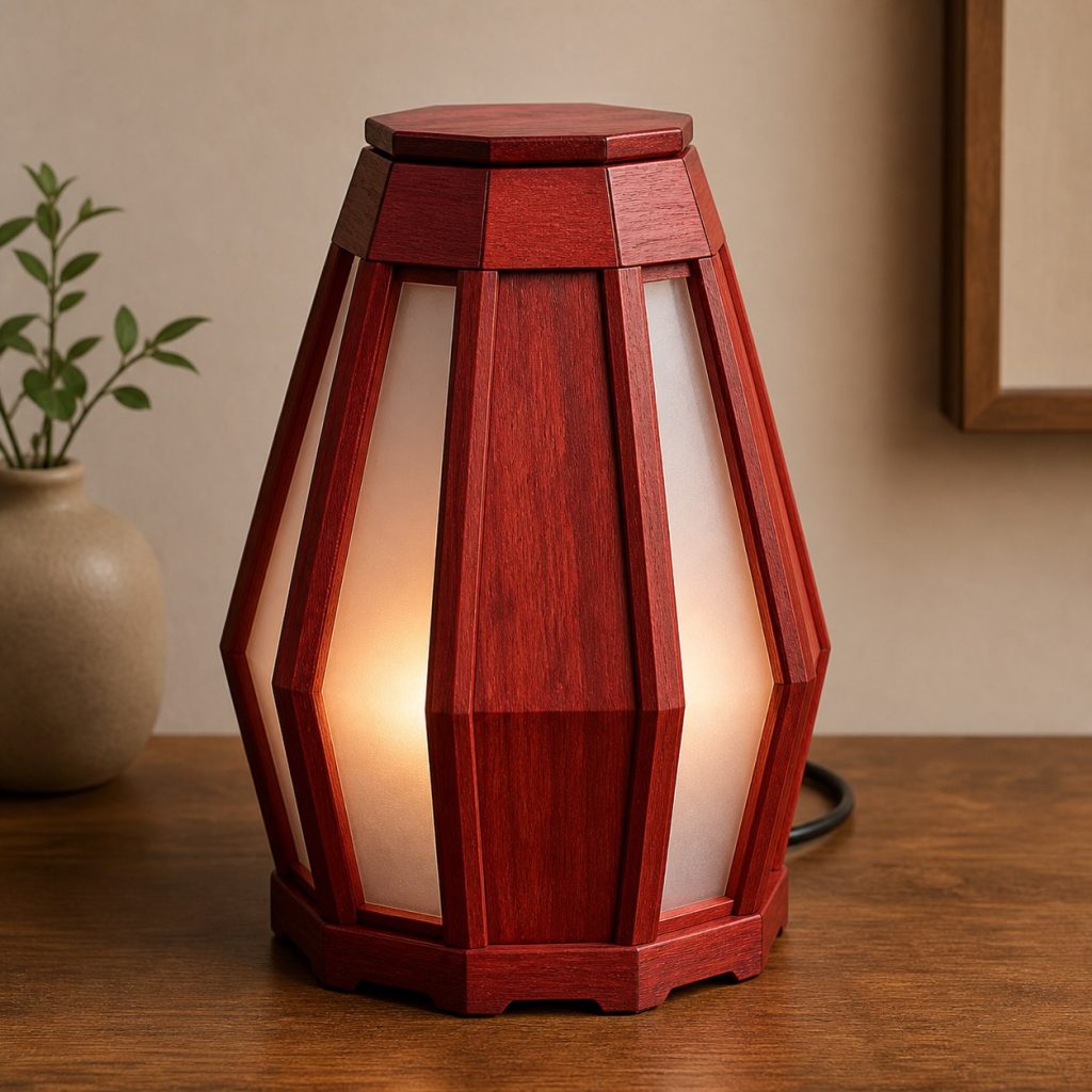 Bloodwood Faceted Lantern shown as an original square photorealistic bloodwood lamp with natural crimson-red grain, distinctive construction, and warm diffused light