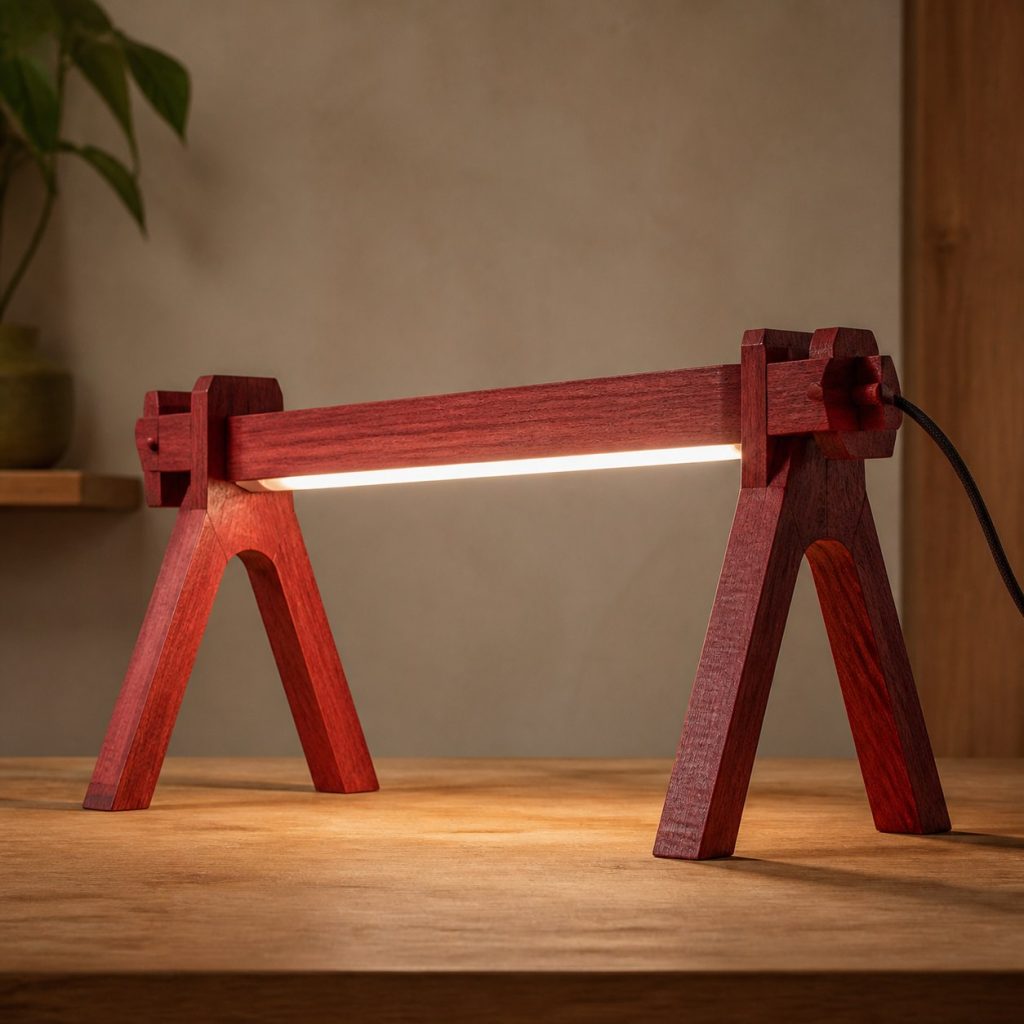 Bloodwood Bridge Task Lamp shown as an original square photorealistic bloodwood lamp with natural crimson-red grain, distinctive construction, and warm diffused light
