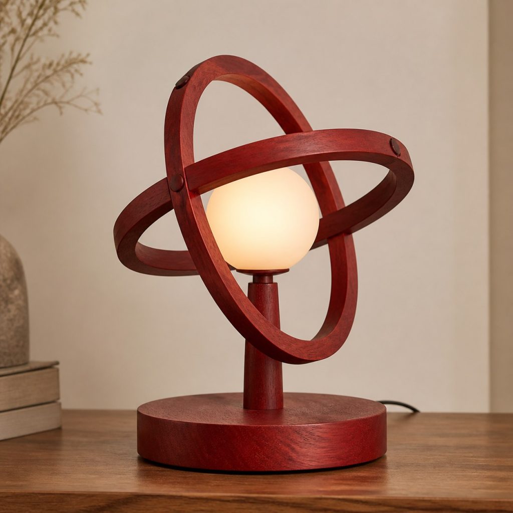Bloodwood Orbit-Ring Lamp shown as an original square photorealistic bloodwood lamp with natural crimson-red grain, distinctive construction, and warm diffused light