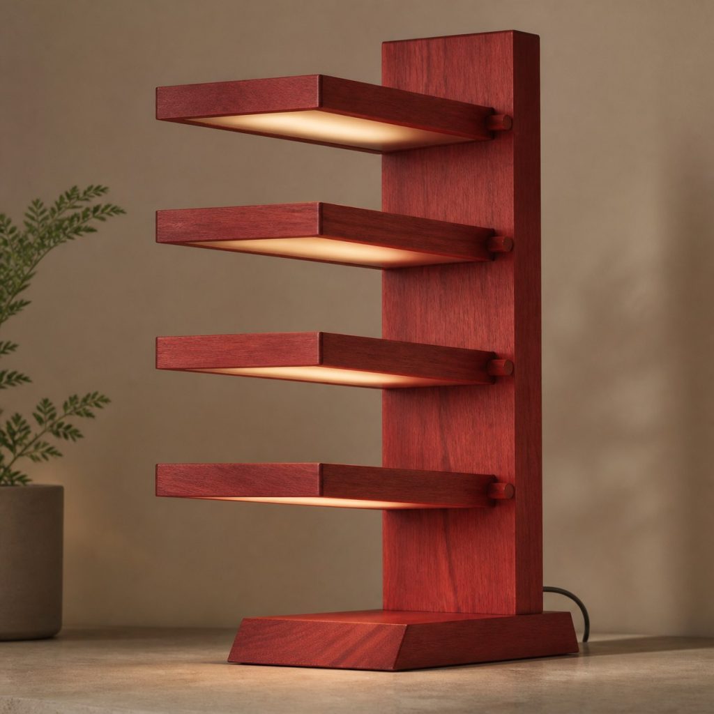 Bloodwood Stacked Cantilever Lamp shown as an original square photorealistic bloodwood lamp with natural crimson-red grain, distinctive construction, and warm diffused light