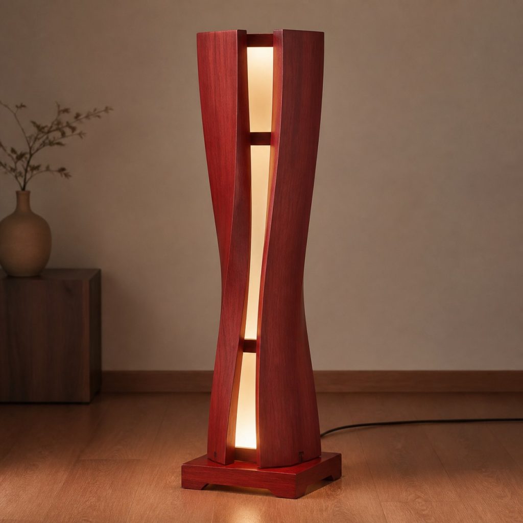 Bloodwood Split-Column Lamp shown as an original square photorealistic bloodwood lamp with natural crimson-red grain, distinctive construction, and warm diffused light