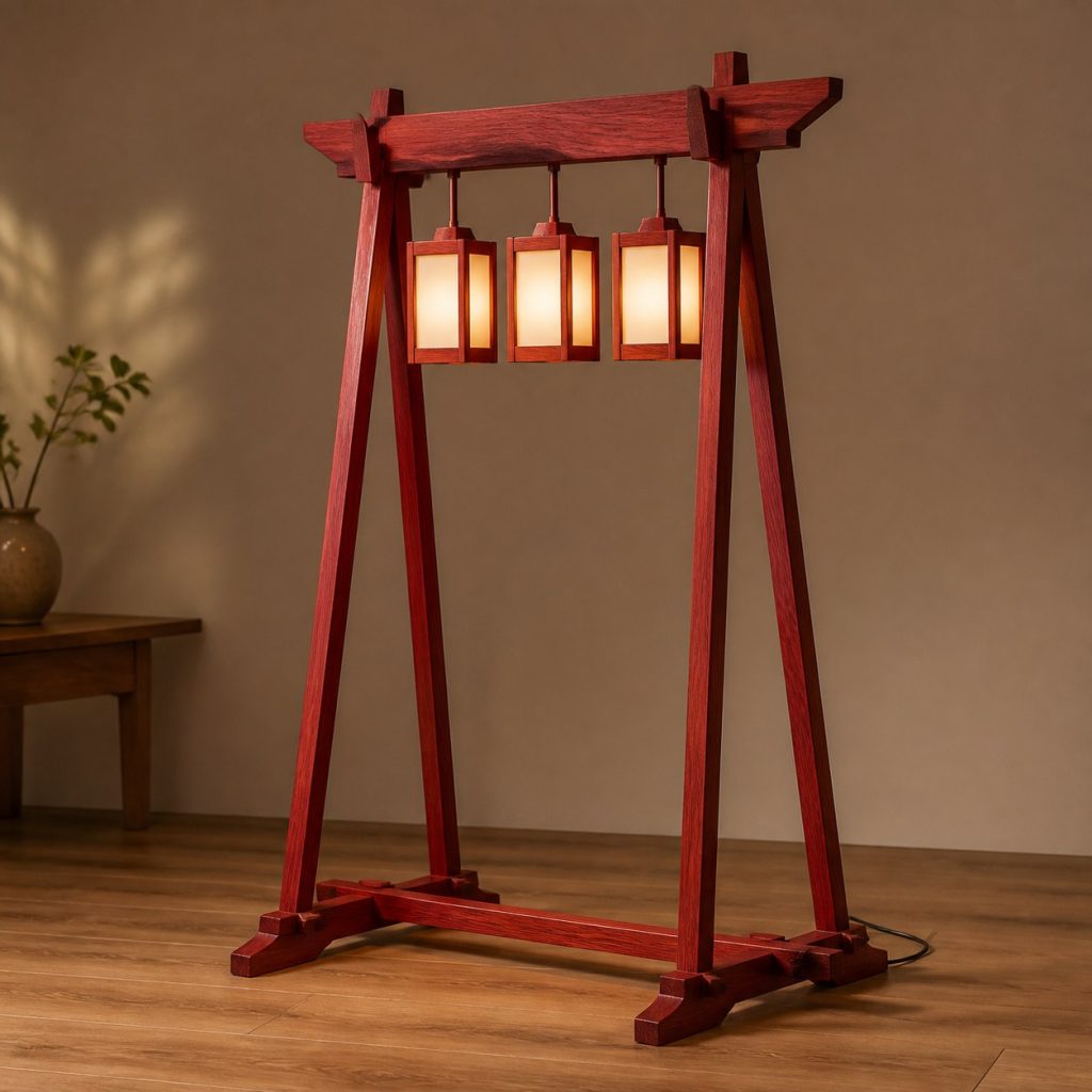 Bloodwood Trestle Floor Lamp shown as an original square photorealistic bloodwood lamp with natural crimson-red grain, distinctive construction, and warm diffused light