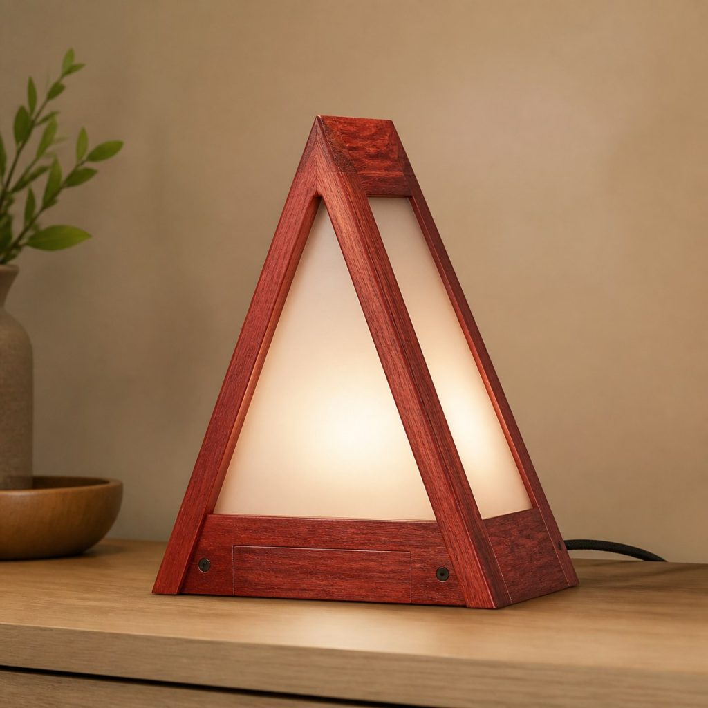 Bloodwood Triangular-Prism Lamp shown as an original square photorealistic bloodwood lamp with natural crimson-red grain, distinctive construction, and warm diffused light
