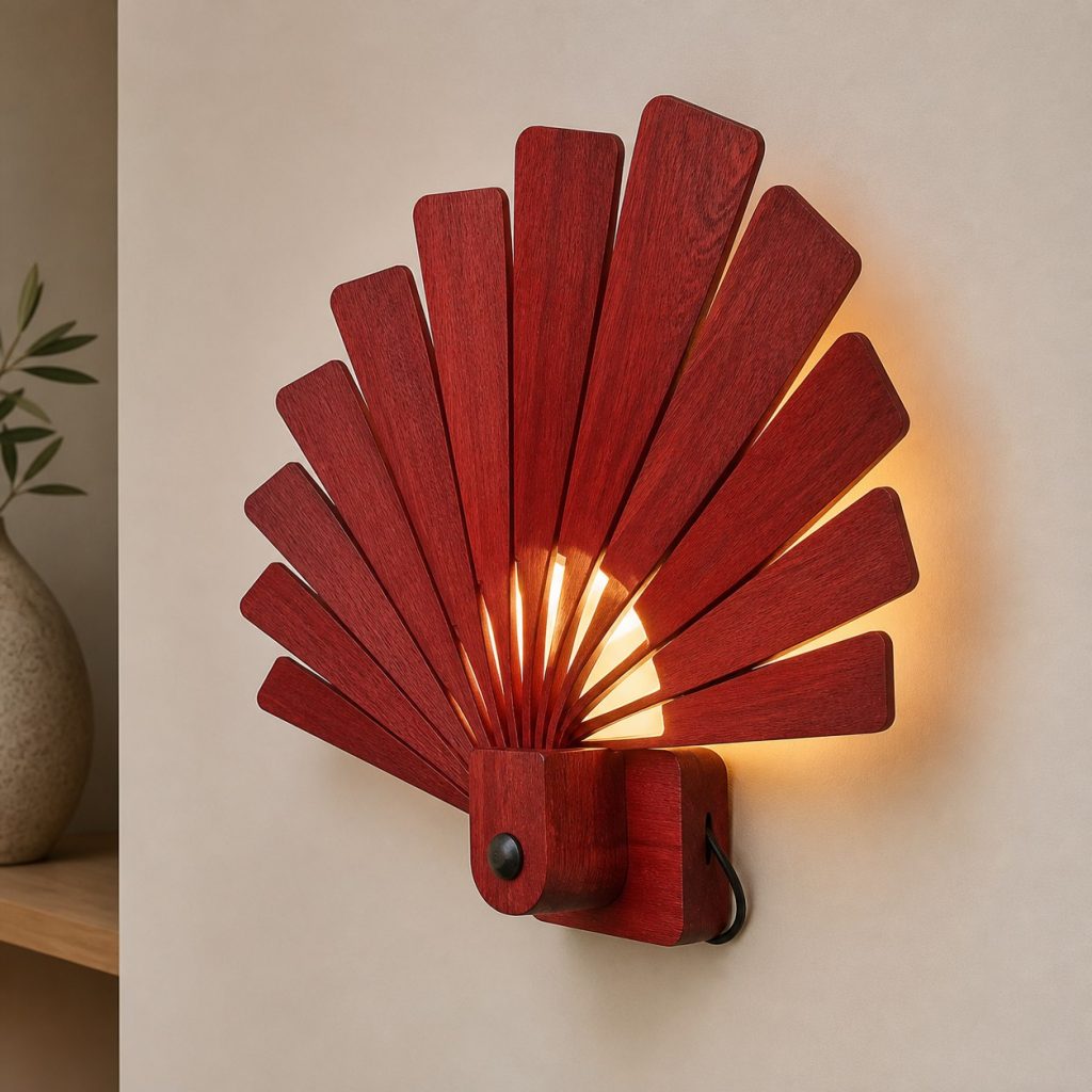 Bloodwood Fan Wall Sconce shown as an original square photorealistic bloodwood lamp with natural crimson-red grain, distinctive construction, and warm diffused light
