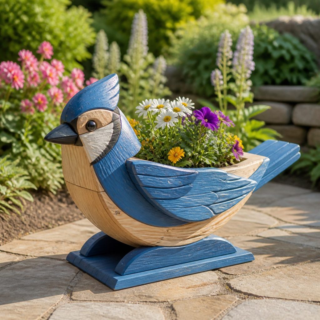 Classic Crested Cedar Blue Jay shown as a square photorealistic cedar blue jay-shaped garden planter filled with flowers