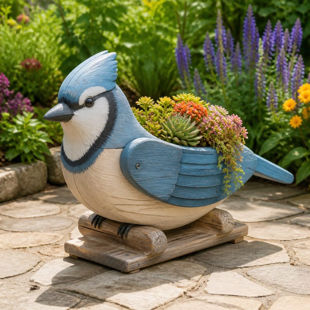 Compact Succulent Blue Jay shown as a square photorealistic cedar blue jay-shaped garden planter filled with flowers
