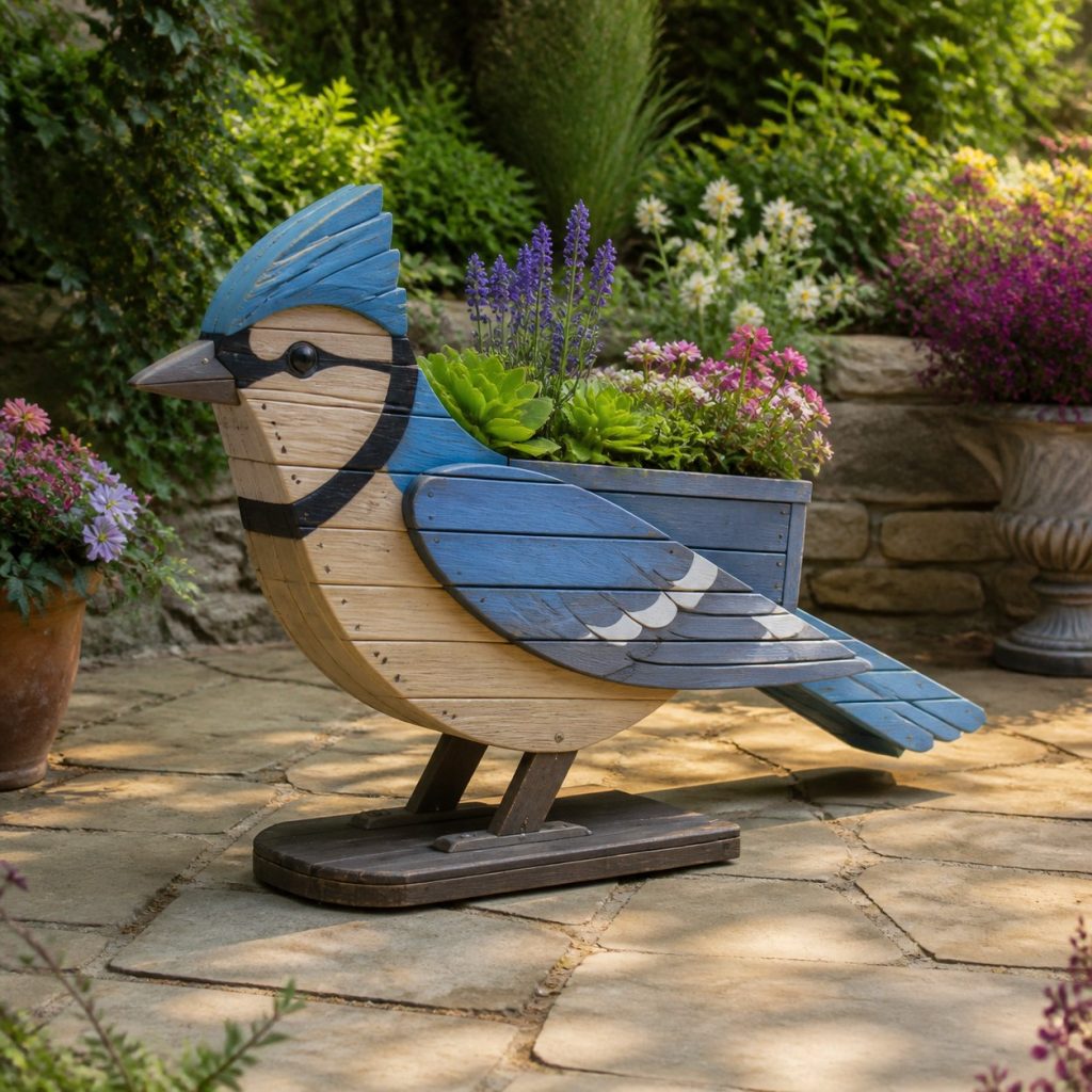 Slatted Herb-Trough Blue Jay shown as a square photorealistic cedar blue jay-shaped garden planter filled with flowers