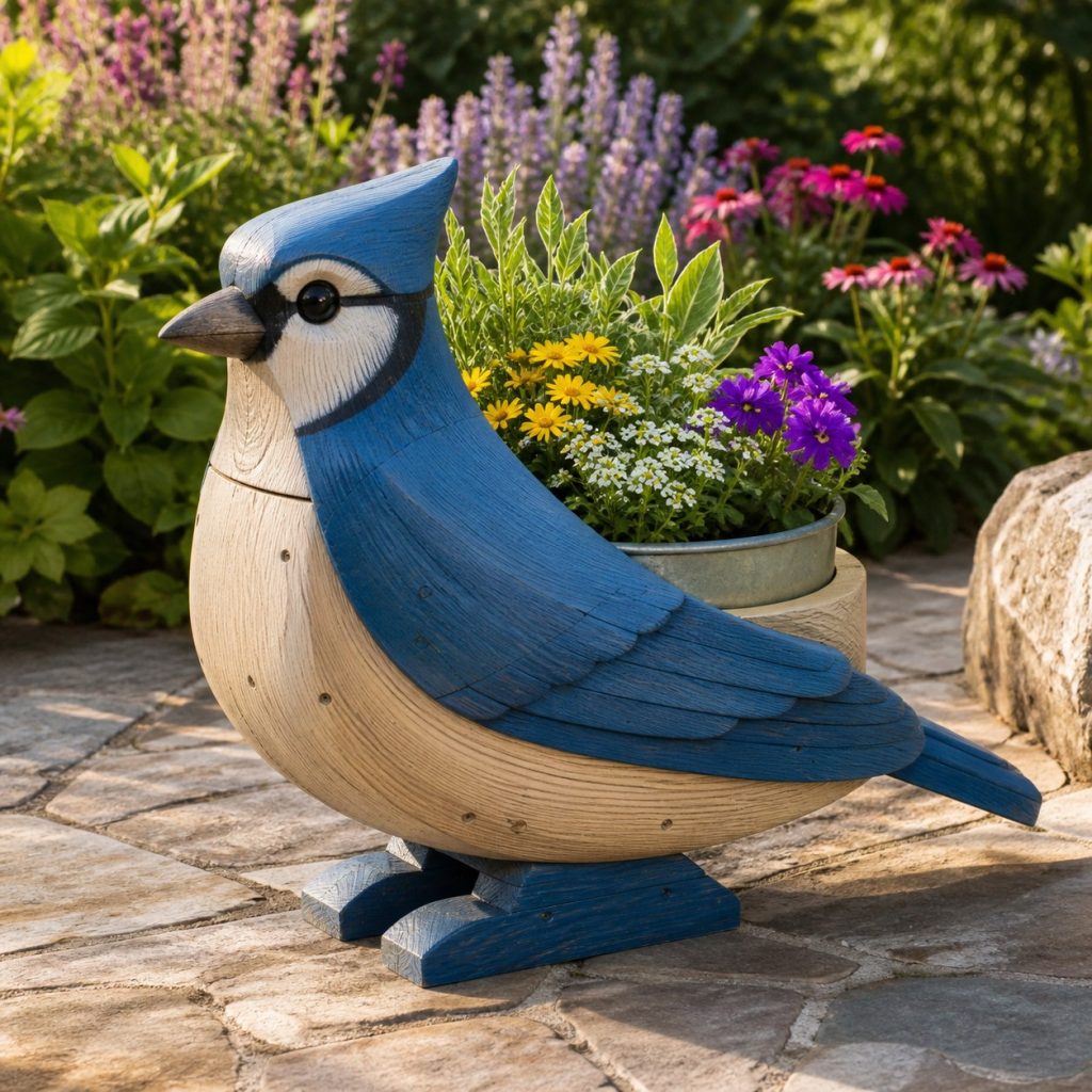 Blue Jay with Galvanized Liner shown as a square photorealistic cedar blue jay-shaped garden planter filled with flowers