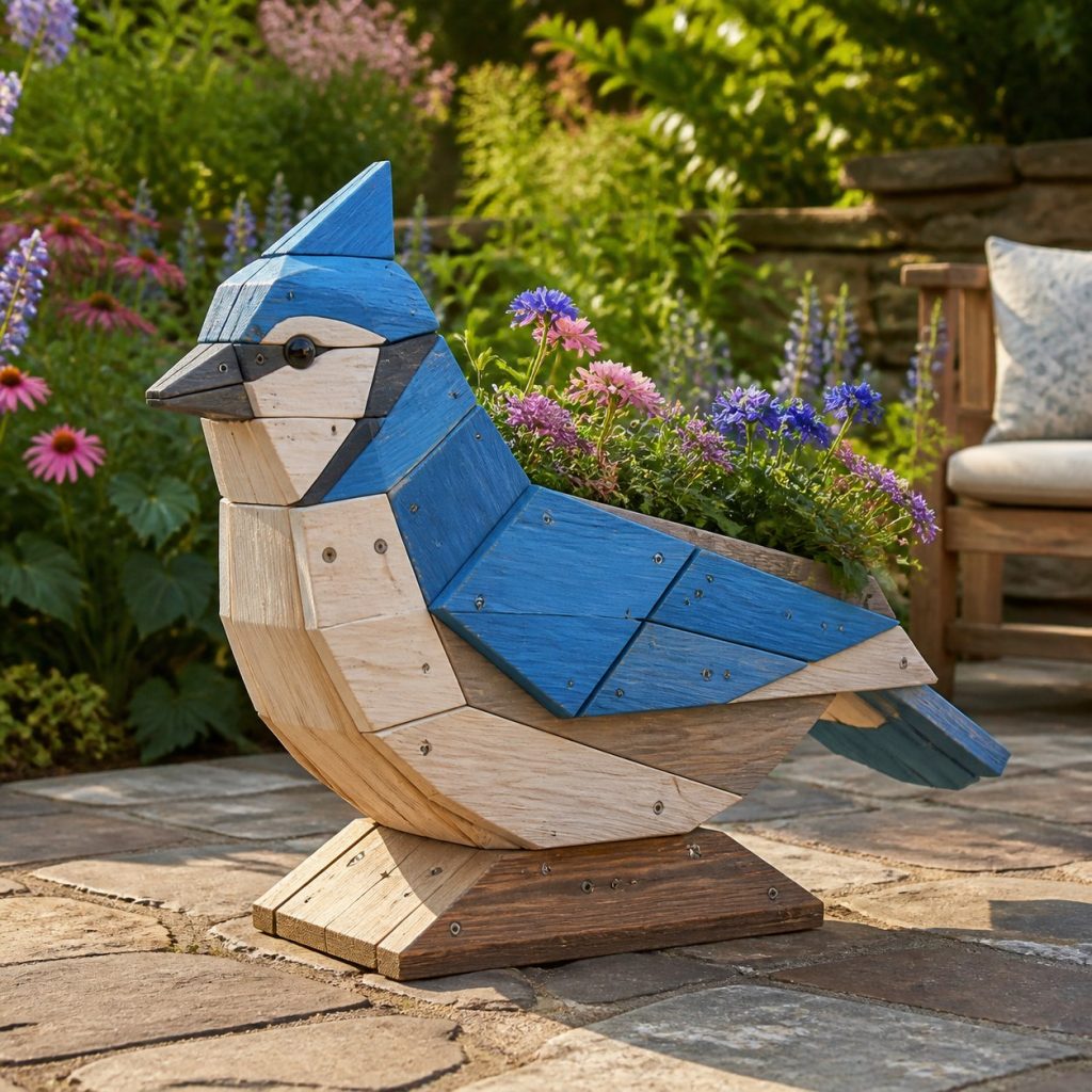 Modern Geometric Blue Jay shown as a square photorealistic cedar blue jay-shaped garden planter filled with flowers