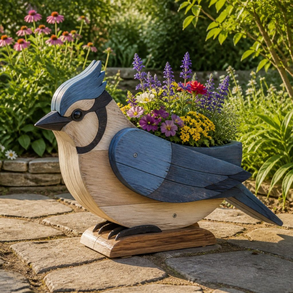 Two-Tone Cedar Blue Jay shown as a square photorealistic cedar blue jay-shaped garden planter filled with flowers