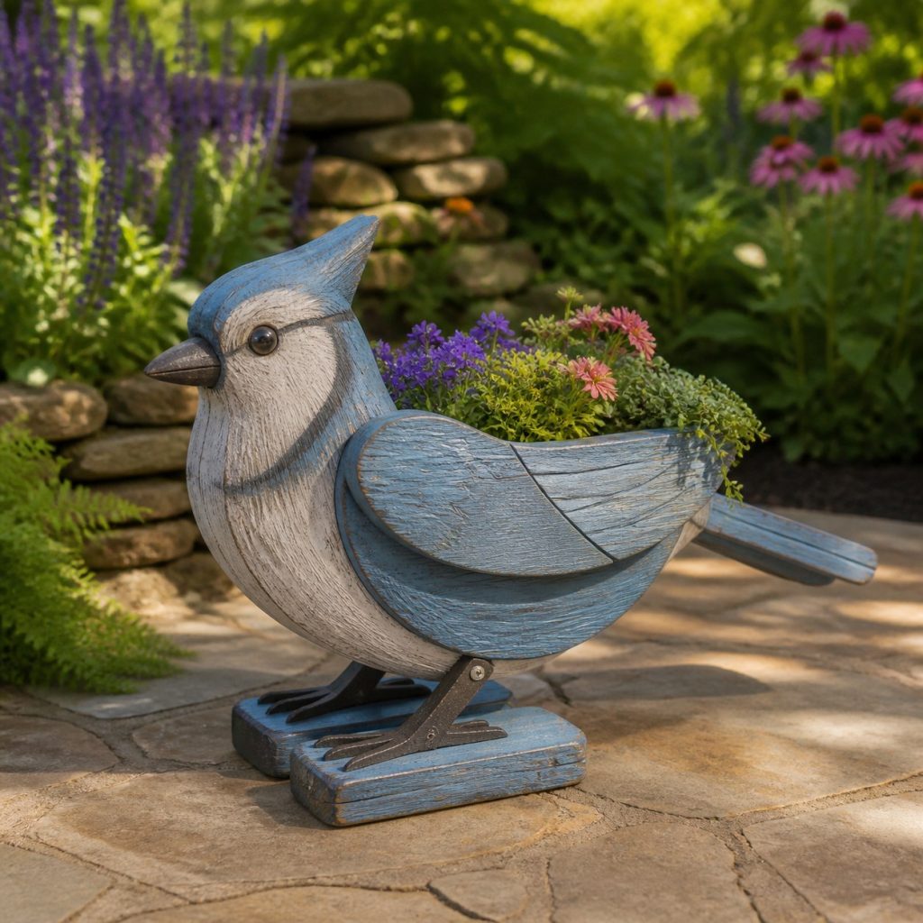 Weathered Cottage Blue Jay shown as a square photorealistic cedar blue jay-shaped garden planter filled with flowers