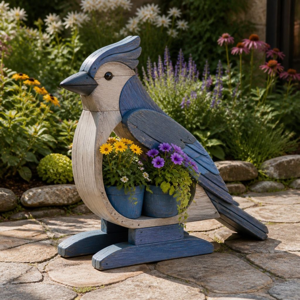 Blue Jay with Twin Flower Pots shown as a square photorealistic cedar blue jay-shaped garden planter filled with flowers
