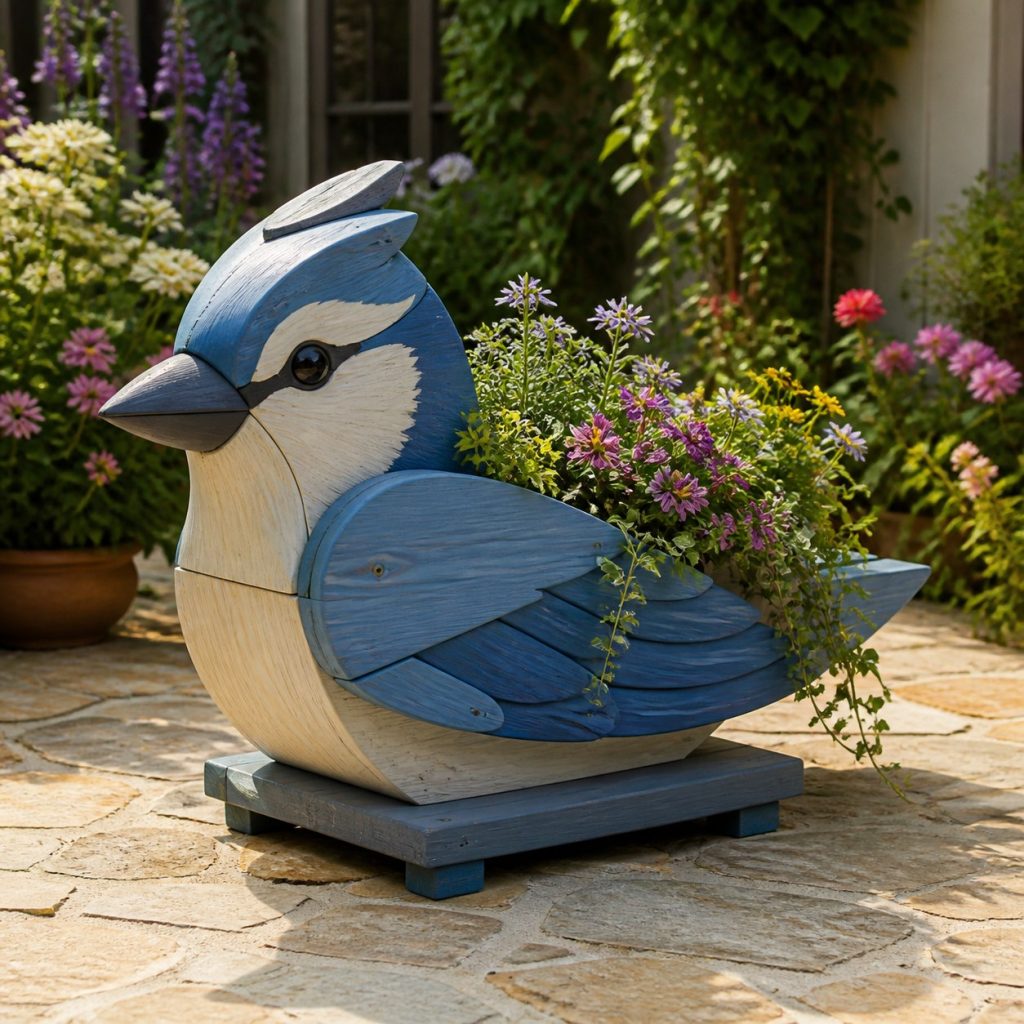Trailing-Flower Blue Jay shown as a square photorealistic cedar blue jay-shaped garden planter filled with flowers