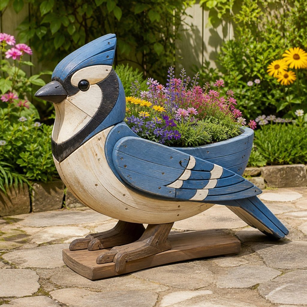 Large Grass-Filled Blue Jay shown as a square photorealistic cedar blue jay-shaped garden planter filled with flowers