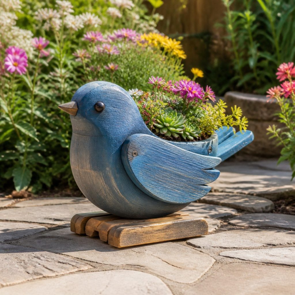Compact Succulent Bluebird shown as a square photorealistic cedar bluebird-shaped garden planter filled with flowers