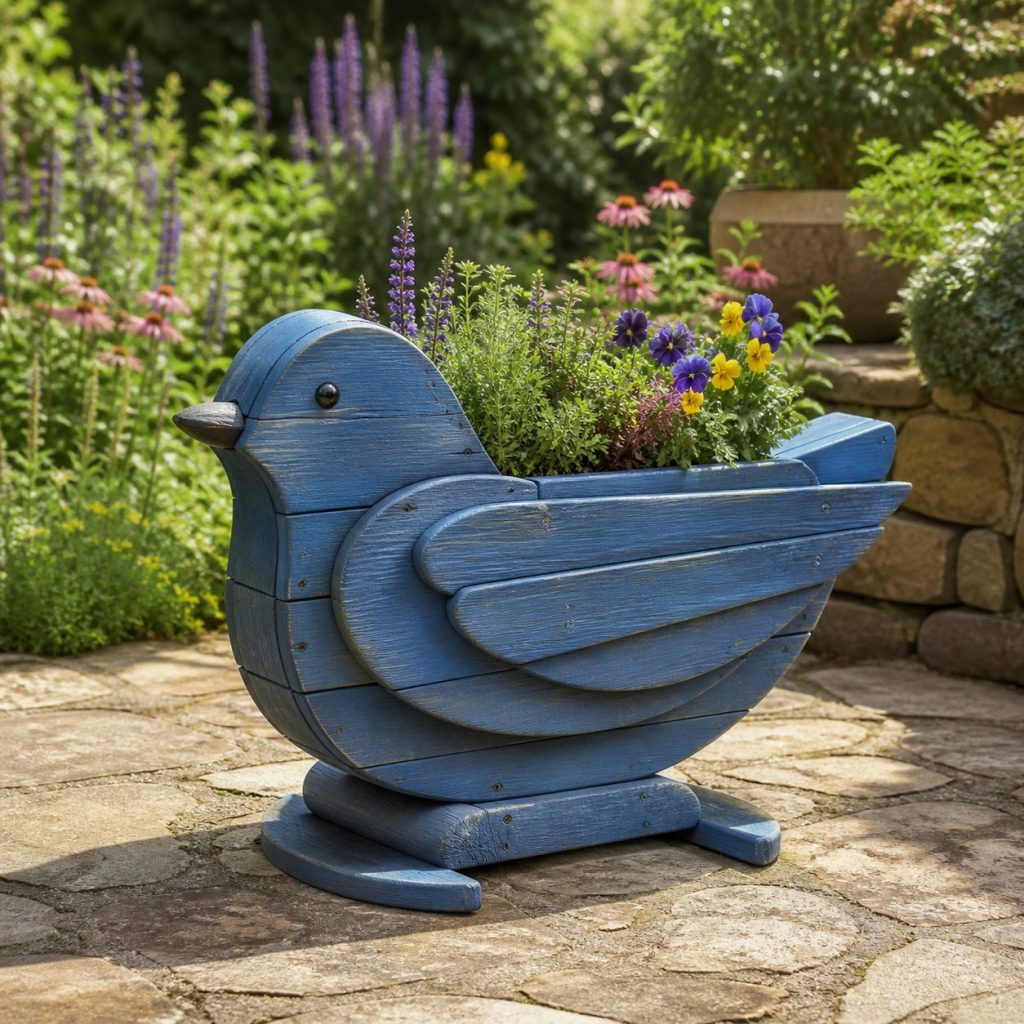 Slatted Herb-Trough Bluebird shown as a square photorealistic cedar bluebird-shaped garden planter filled with flowers