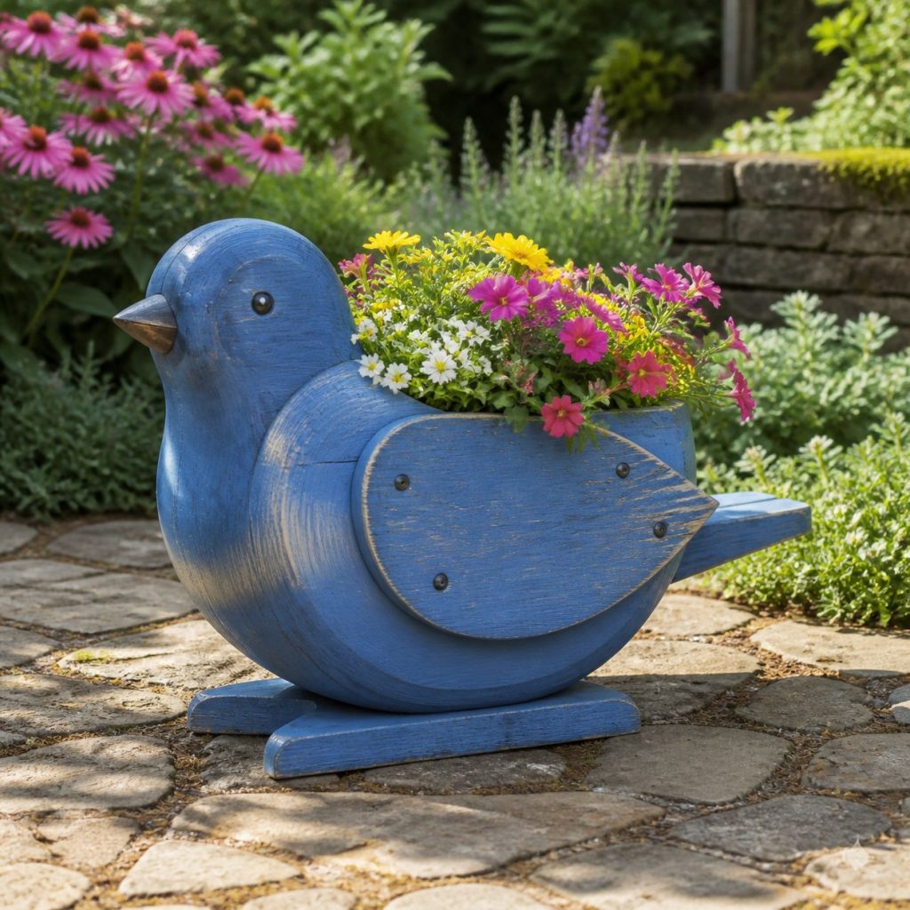 Bluebird with Galvanized Liner shown as a square photorealistic cedar bluebird-shaped garden planter filled with flowers