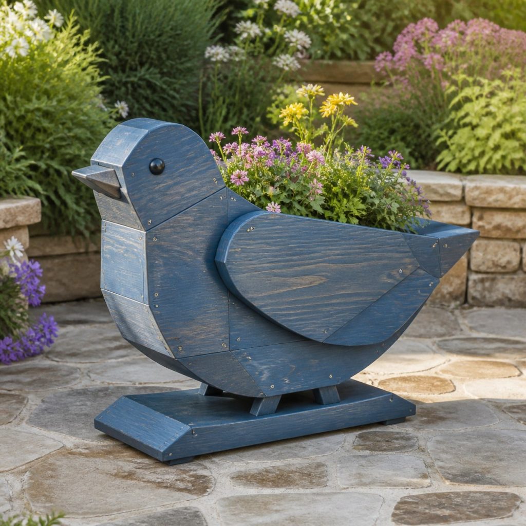 Modern Geometric Bluebird shown as a square photorealistic cedar bluebird-shaped garden planter filled with flowers
