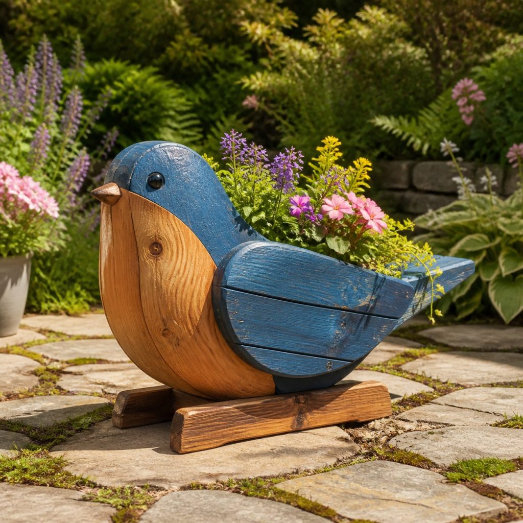 Two-Tone Cedar Bluebird shown as a square photorealistic cedar bluebird-shaped garden planter filled with flowers
