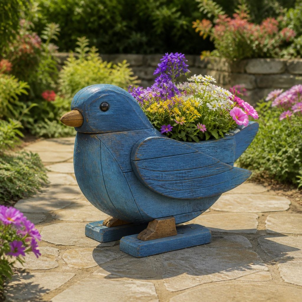 Weathered Cottage Bluebird shown as a square photorealistic cedar bluebird-shaped garden planter filled with flowers