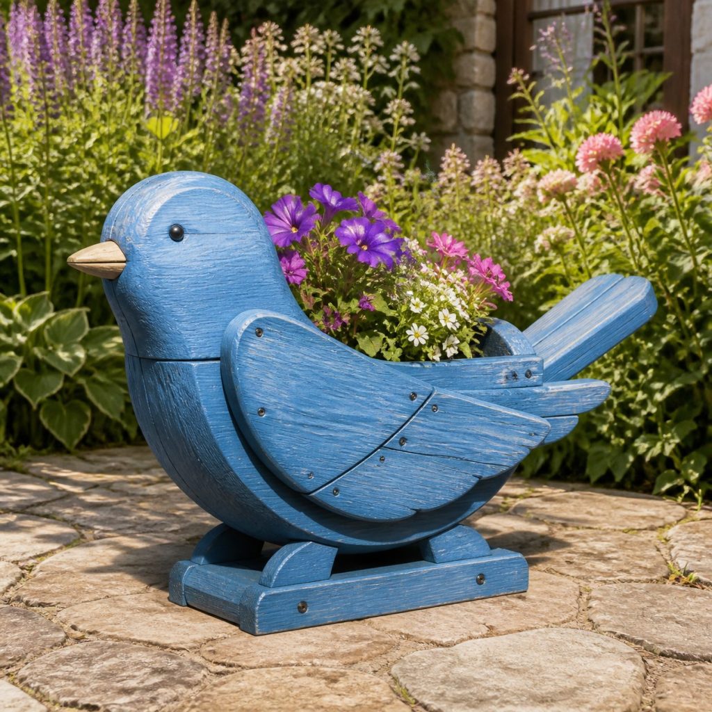Bluebird with Twin Flower Pots shown as a square photorealistic cedar bluebird-shaped garden planter filled with flowers