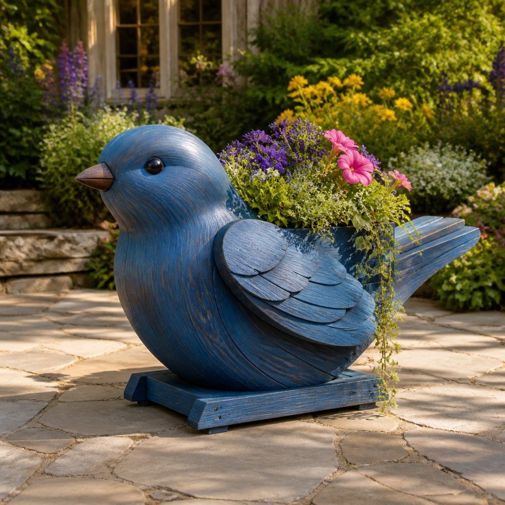 Trailing-Flower Bluebird shown as a square photorealistic cedar bluebird-shaped garden planter filled with flowers