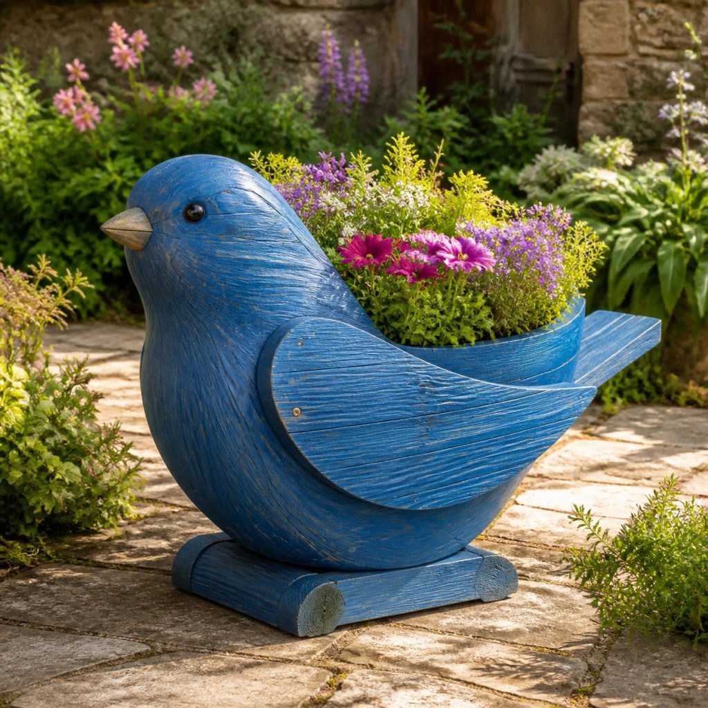 Large Grass-Filled Bluebird shown as a square photorealistic cedar bluebird-shaped garden planter filled with flowers