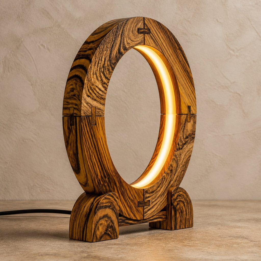 Bocote Segmented Elliptical-Portal Lamp shown as an original square photorealistic bocote lamp with natural golden brown with dark chocolate figure grain, distinctive construction, and warm diffused light