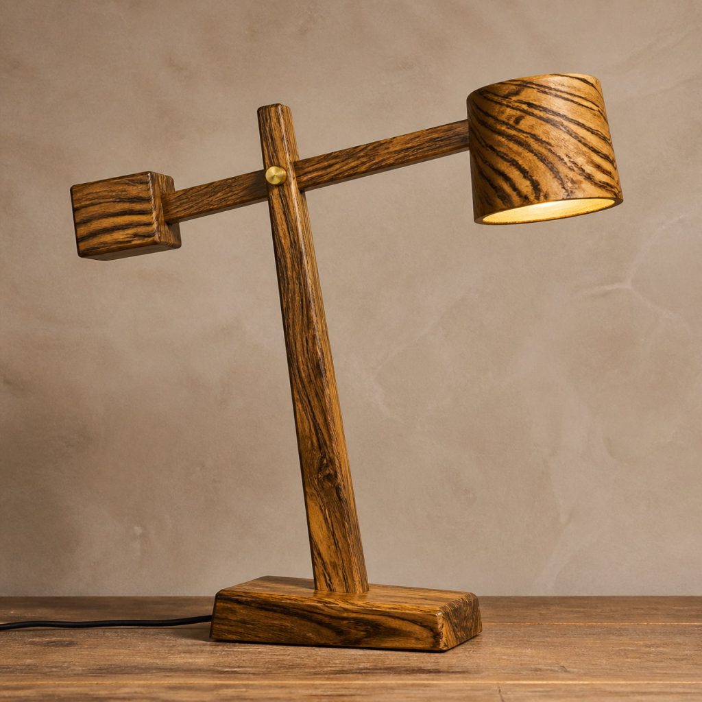 Bocote Counterbalanced-Crane Lamp shown as an original square photorealistic bocote lamp with natural golden brown with dark chocolate figure grain, distinctive construction, and warm diffused light