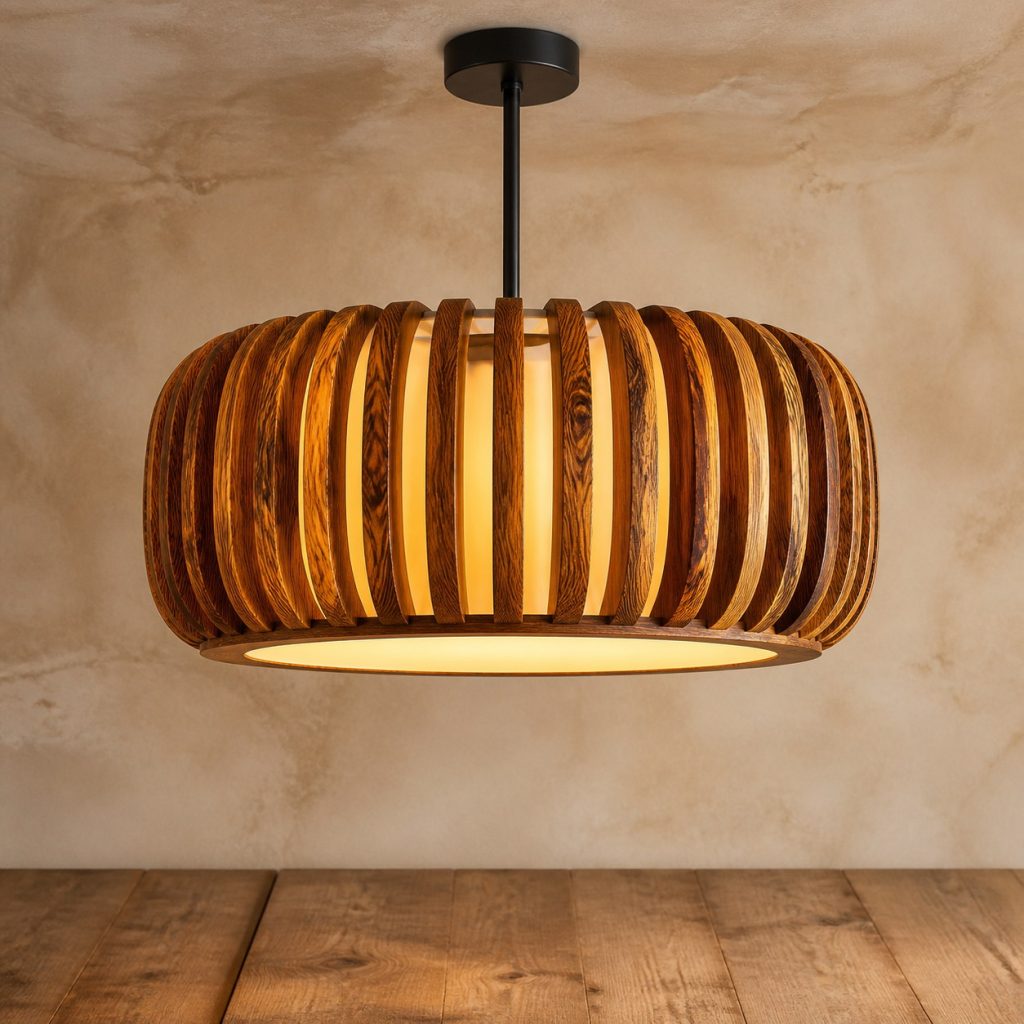 Bocote Ribbed-Drum Pendant shown as an original square photorealistic bocote lamp with natural golden brown with dark chocolate figure grain, distinctive construction, and warm diffused light