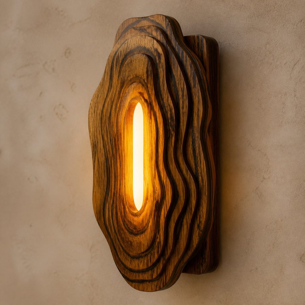 Bocote Topographic-Layer Sconce shown as an original square photorealistic bocote lamp with natural golden brown with dark chocolate figure grain, distinctive construction, and warm diffused light