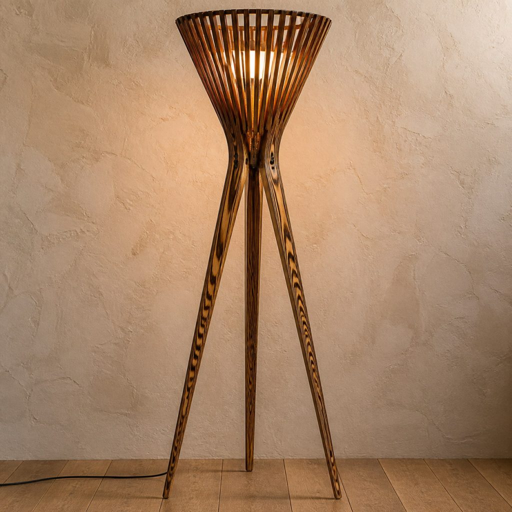 Bocote Tripod-Cone Floor Lamp shown as an original square photorealistic bocote lamp with natural golden brown with dark chocolate figure grain, distinctive construction, and warm diffused light